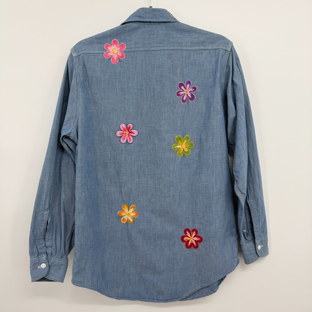 Vintage 70s BIG MAC Hand Embroidered Top Shirt S M Chambray Flower Power USA